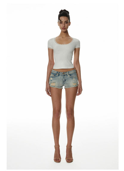 Lotus Million White Lace Trim Short Sleeve Top