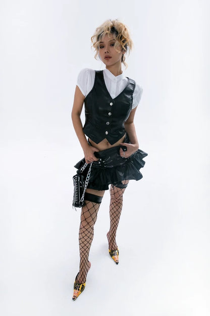 PU Leather Fishnet Thigh High Stockings