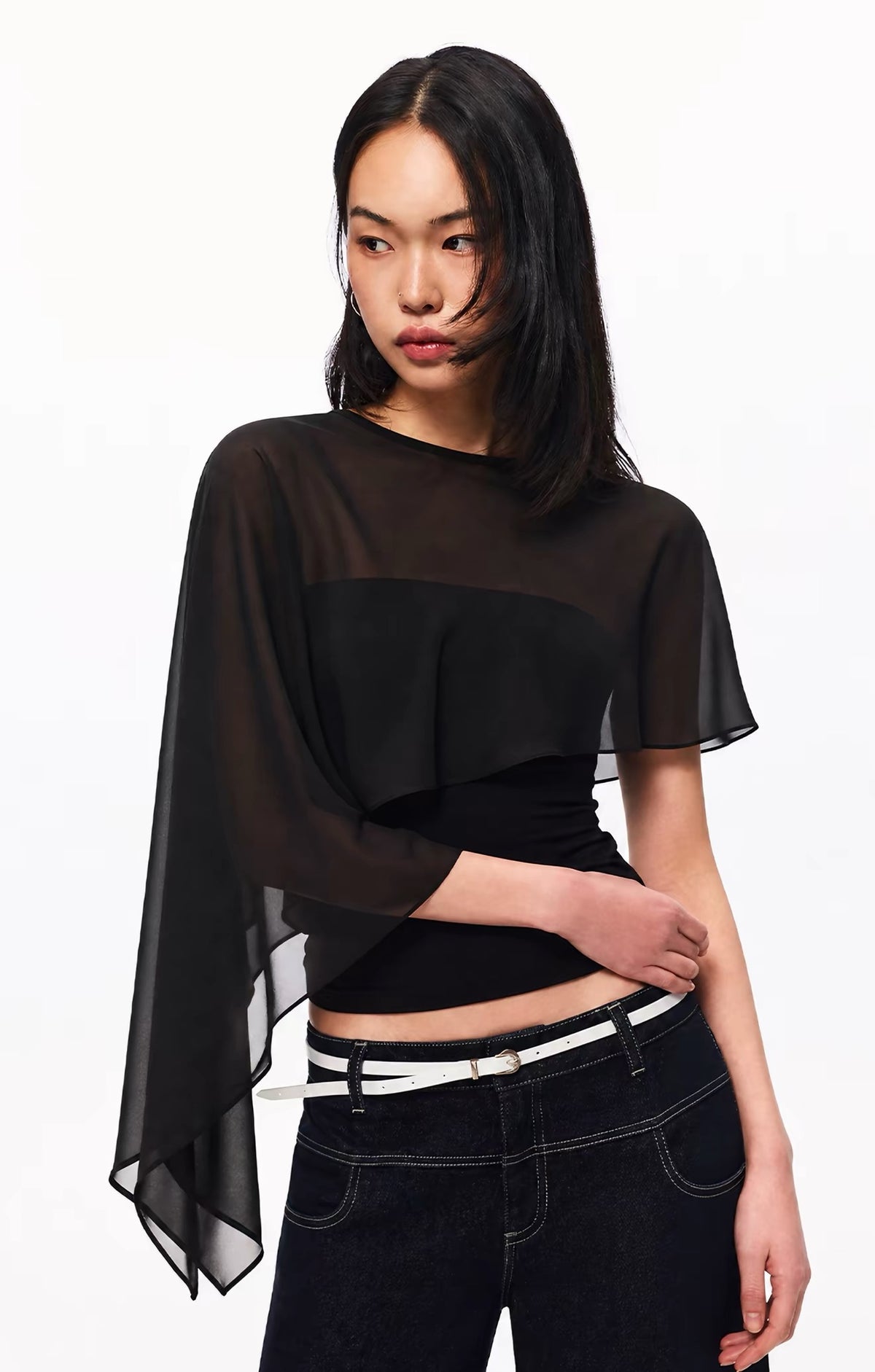 Asymmetric Sheer Draped Overlay Top