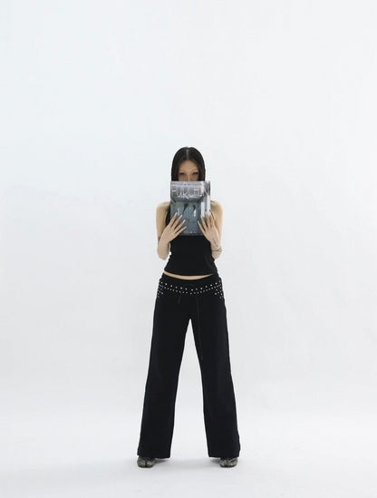 Black Straight Leg Trousers with Silver Rivet Detail