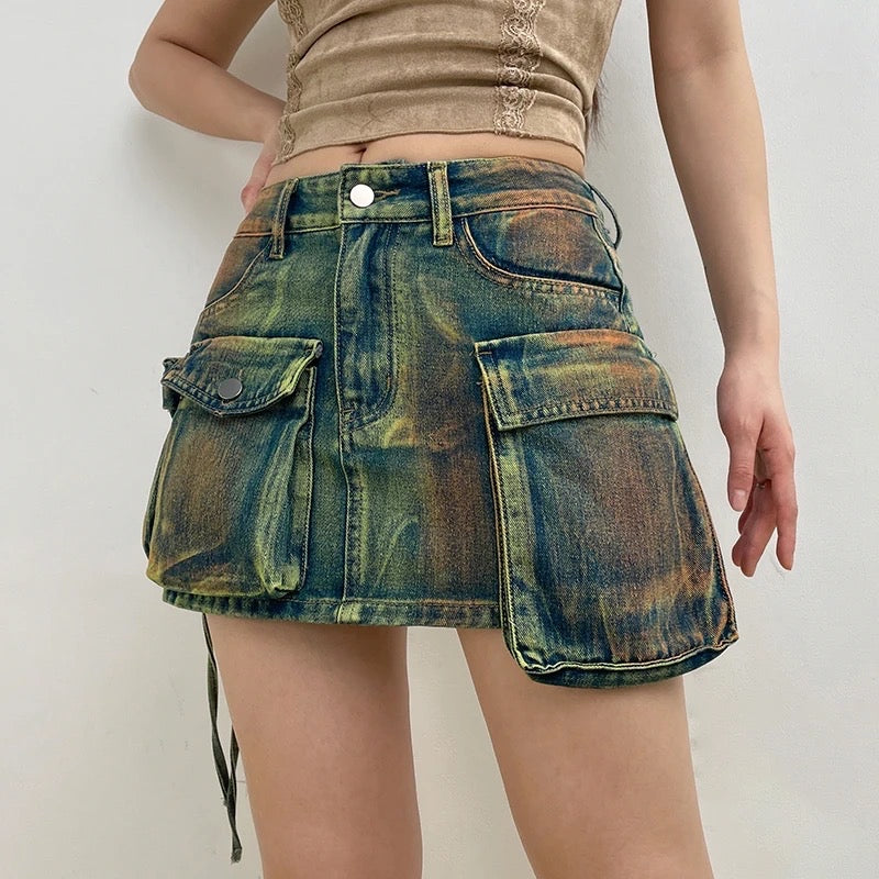 Acid Wash Cargo Denim Skirt