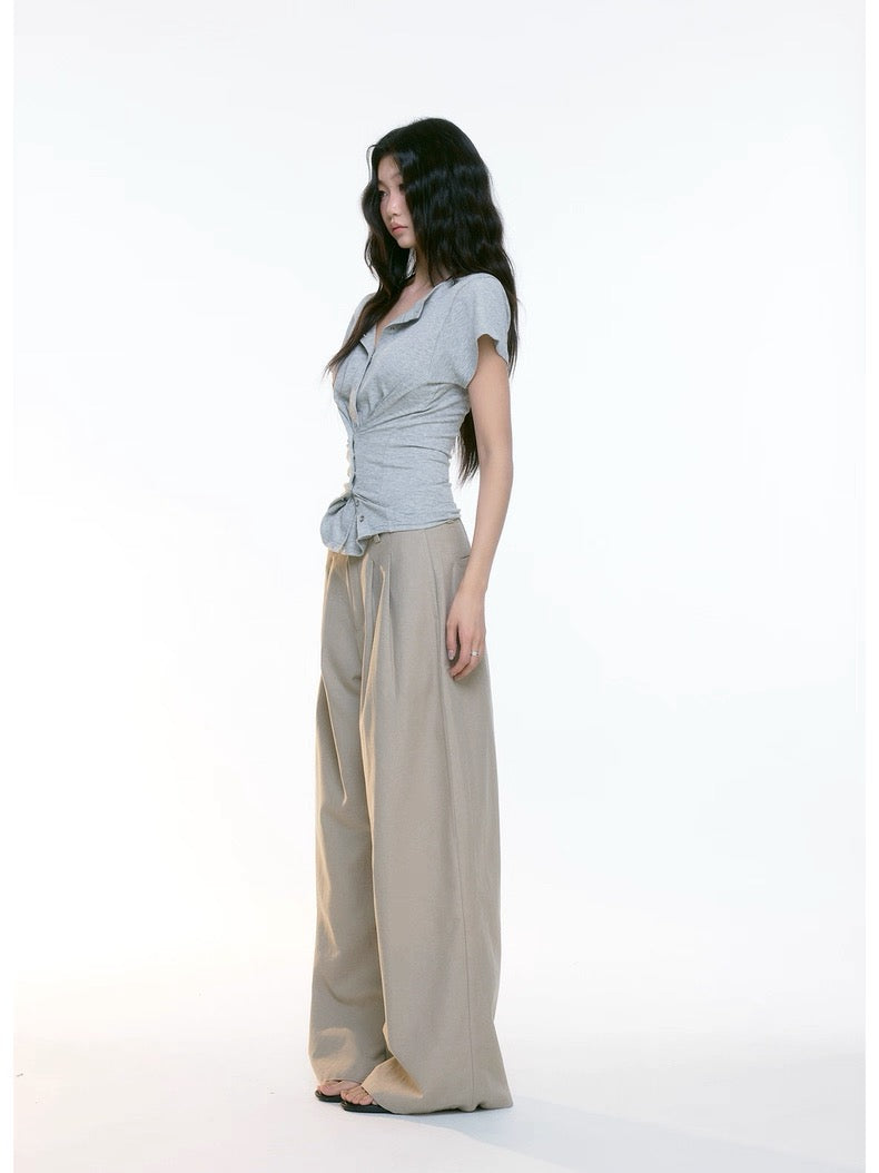 Grey Knit Cinched Polo Top