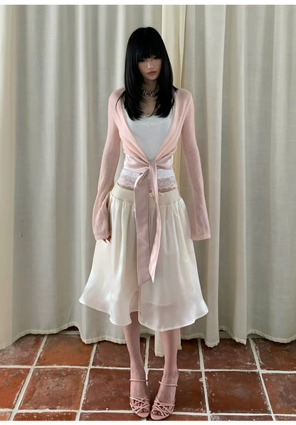 AURO MORE Satin Tie-Front Semi-Sheer Knit Cardigan