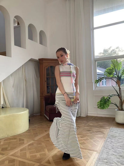 WildFLO Grey Striped Fishtail Maxi Skirt