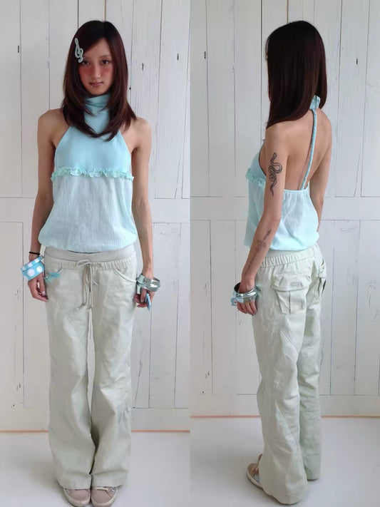 Andivogels High-Neck Ruffle Open Back Halter Top