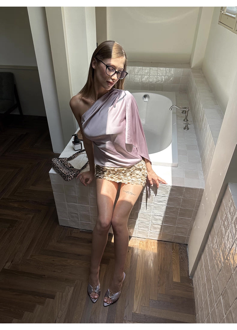 0122stepll Taro Purple Pearlescent Satin Off-Shoulder Top