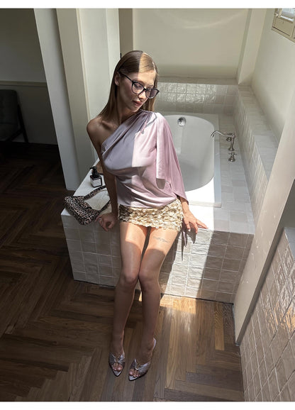 0122stepll Taro Purple Pearlescent Satin Off-Shoulder Top