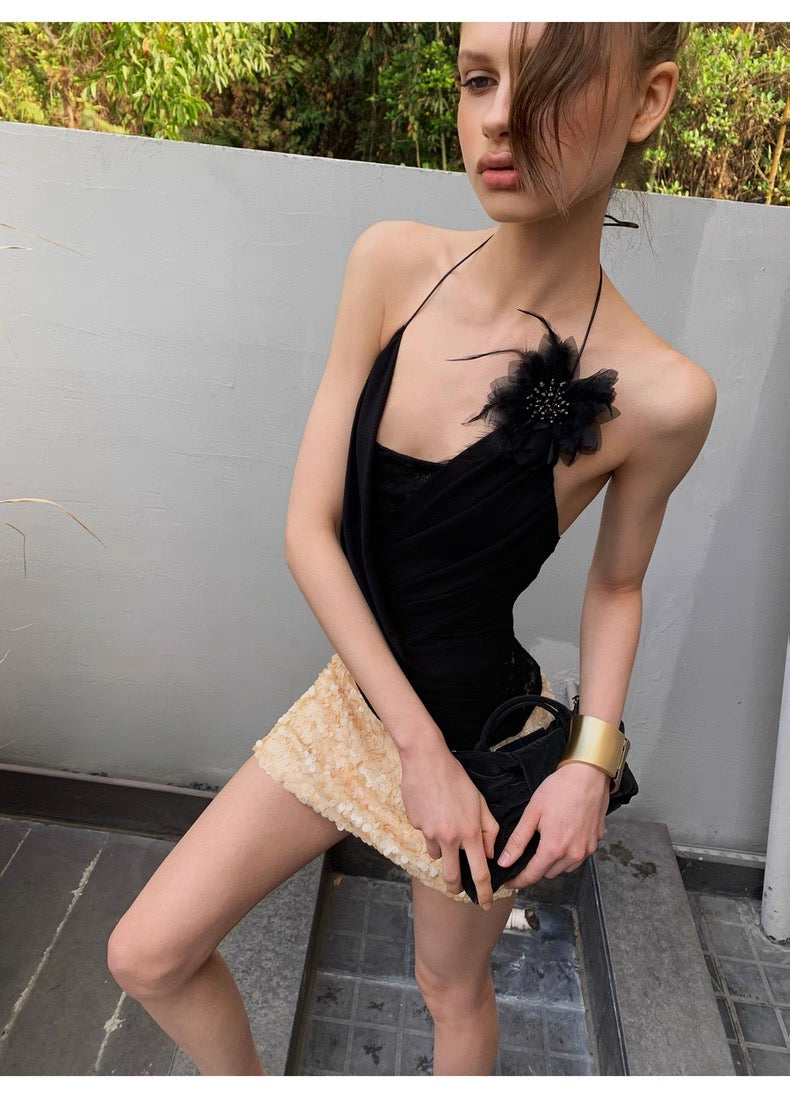 0122stepll Draped Halter Top with Lace Back