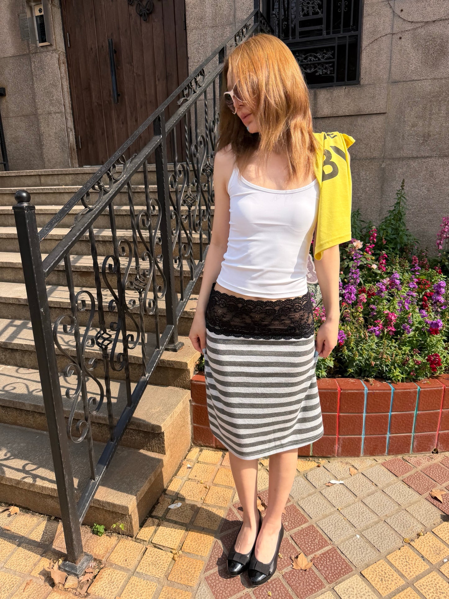 VACANCES Retro Striped Lace Midi Skirt