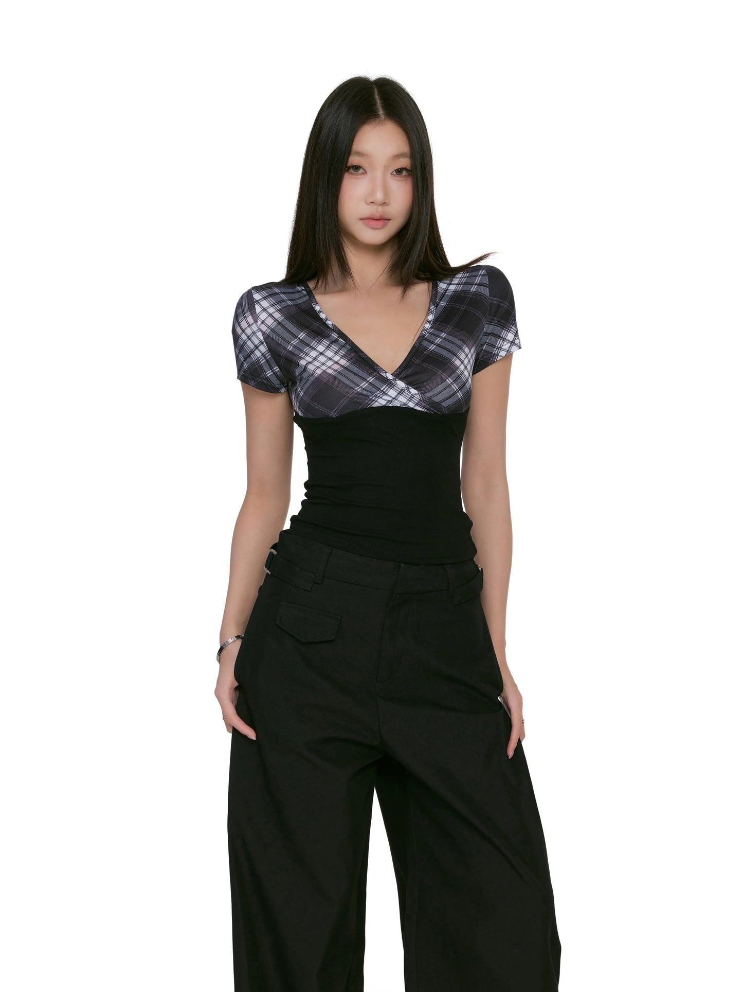 Plaid Wraparound Short Sleeve Top
