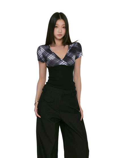Plaid Wraparound Short Sleeve Top