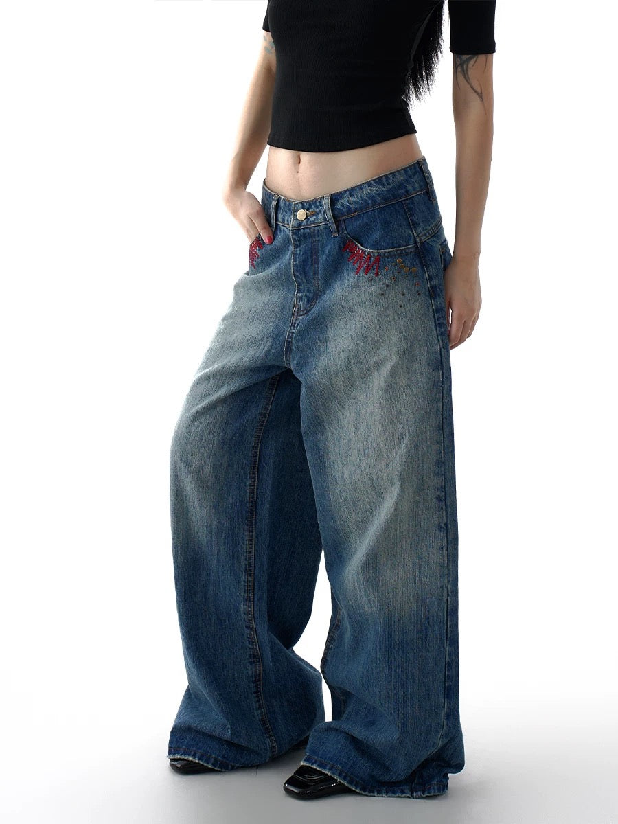 Dark Wash Embroidered Denim with Brass Rivets