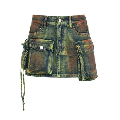 Acid Wash Cargo Denim Skirt