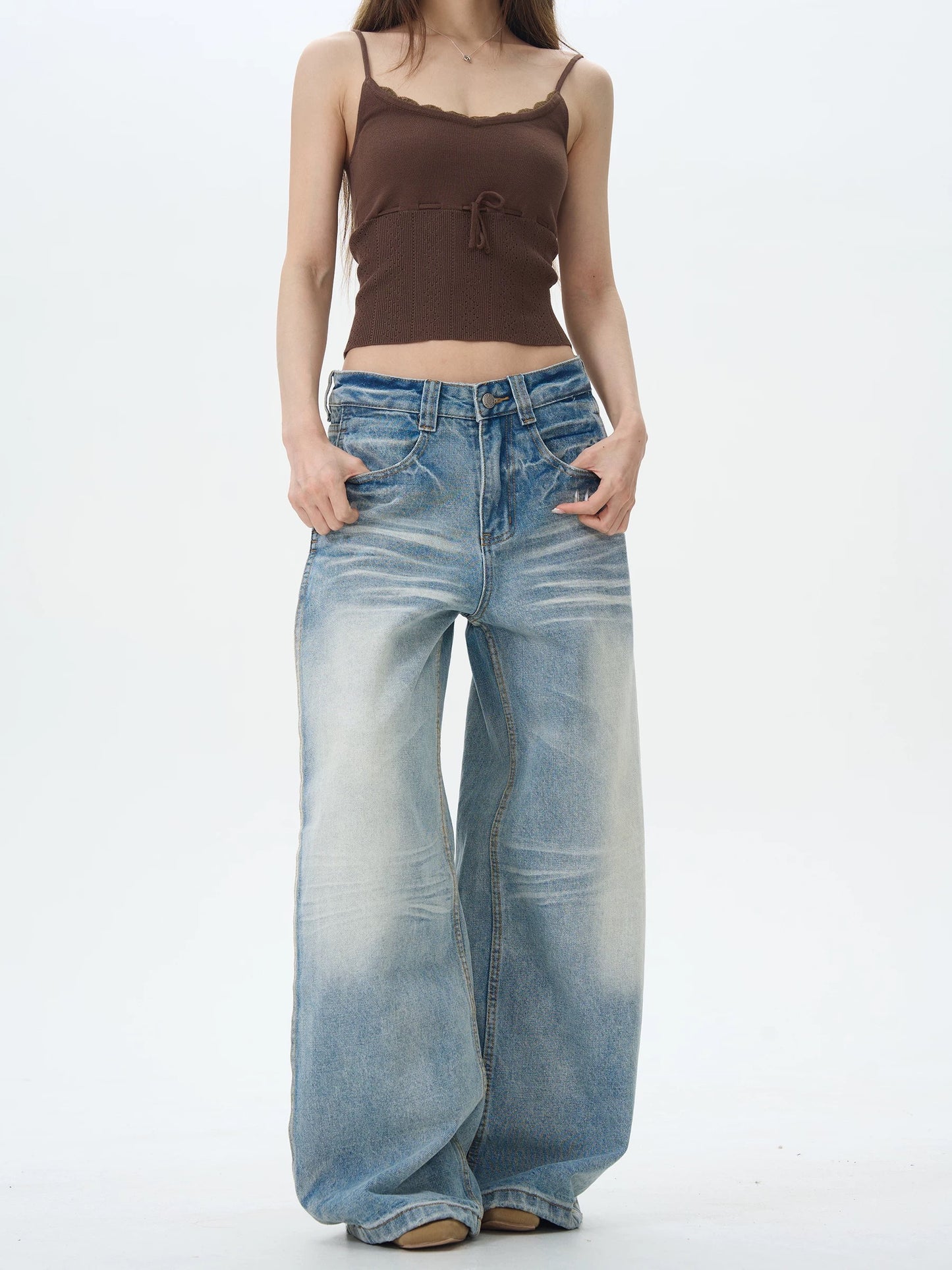 Light Wash Wide Leg Straight Jeans with Crease Effect