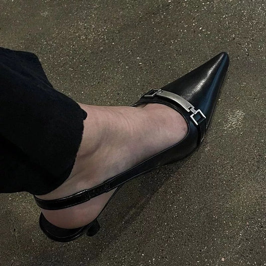 Vintage Style Slingback Heels with Metal Tag Detail