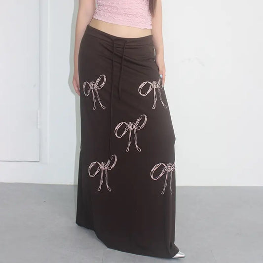 Low Rise Maxi Skirt With Bow Print