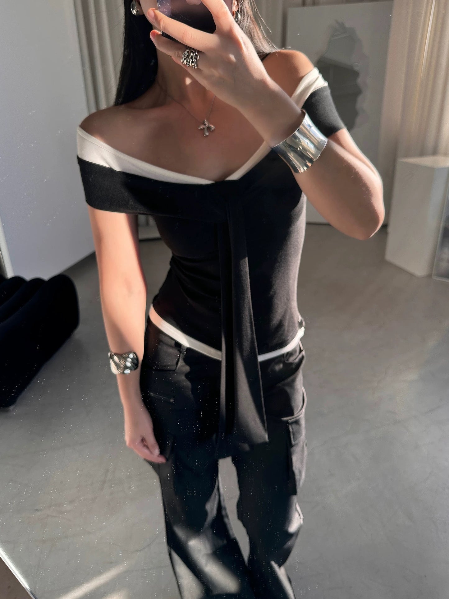 Contrast Off-Shoulder Tie Top