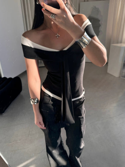 Contrast Off-Shoulder Tie Top