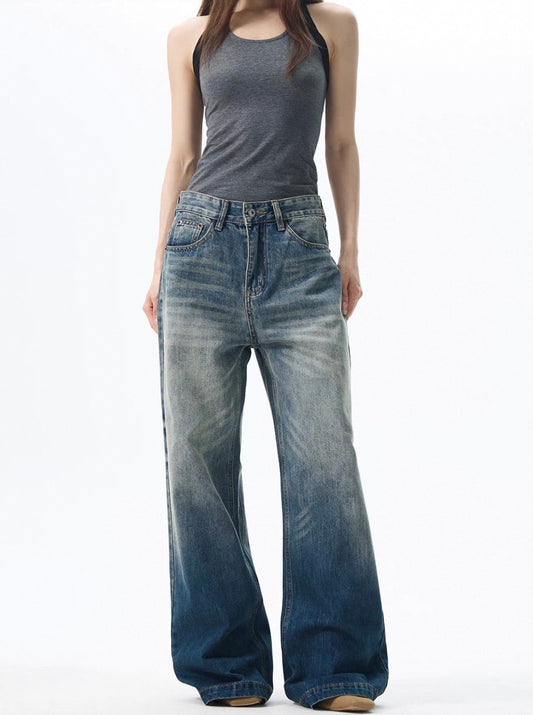 Dark Wash Wide Leg Mid Rise Denim Jeans