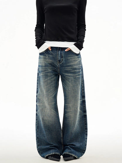 Straight Wide Leg Jeans with Bleached Whisker Effect