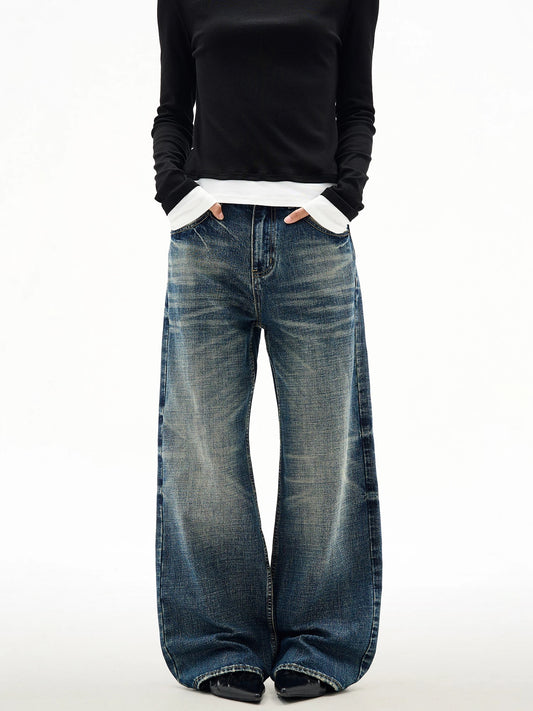 Straight Wide Leg Jeans with Bleached Whisker Effect