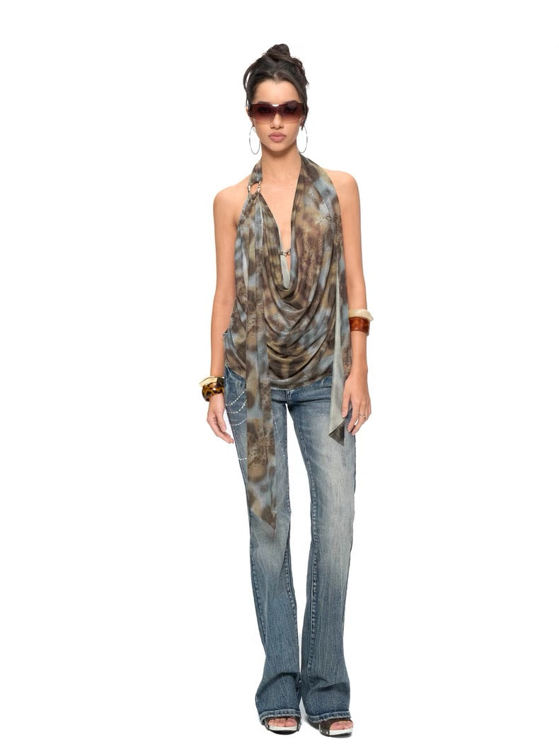 JYOSEI Leopard Print Flowy Backless Ring Detail Cowl Top
