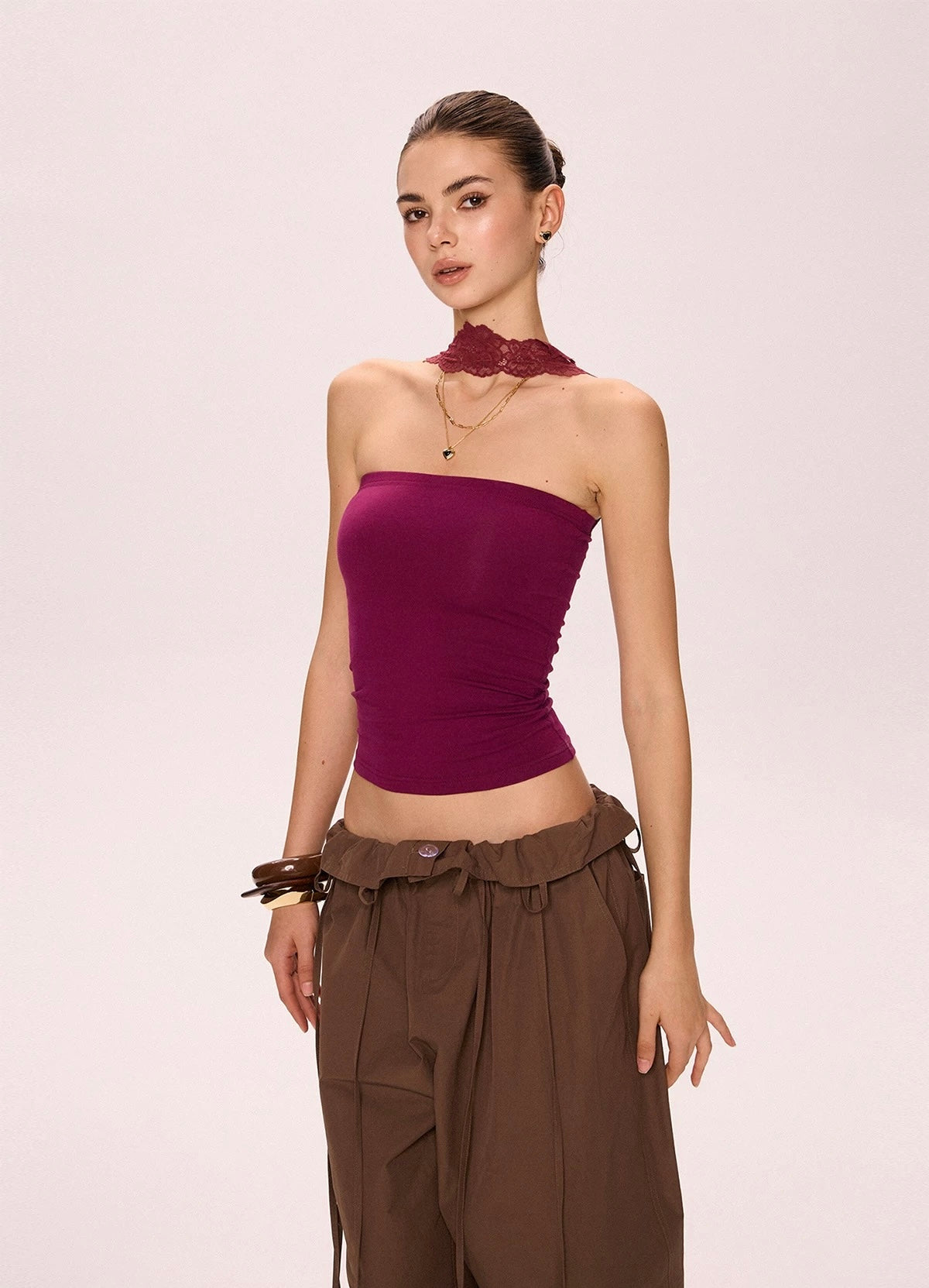 Deep berry Two Way Lace Strap Tube Top worn strapless, featuring soft stretch fabric and a slim fit