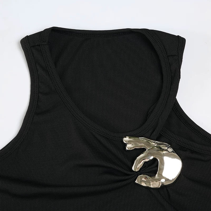 Black Ribbed Hand Detail Vest Top – Metal Pinch Design