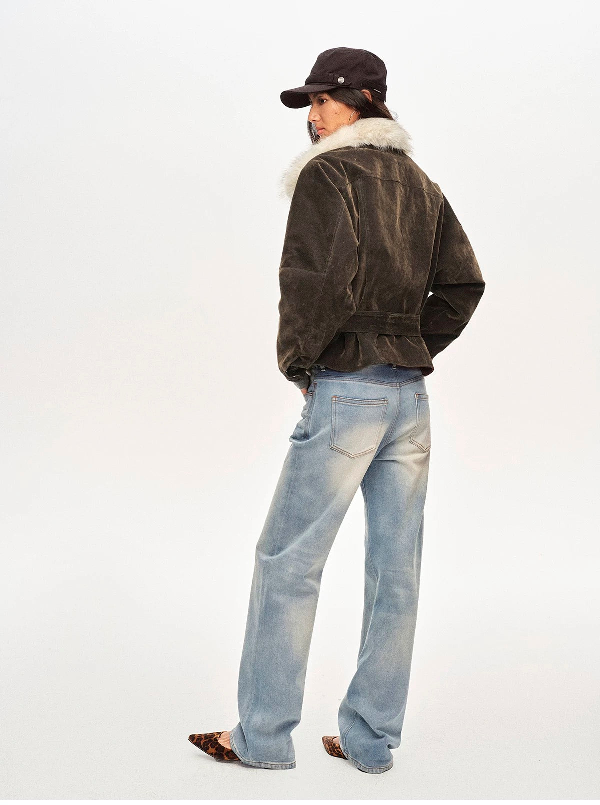 Right Above Flocked Denim Faux Mink Belted Jacket