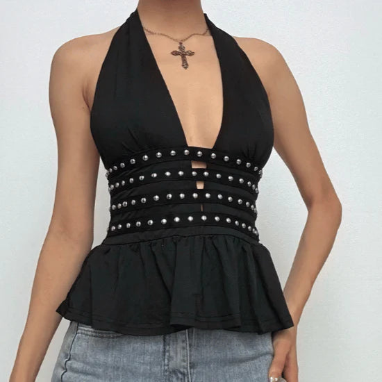 Black Halter Neck Peplum Top