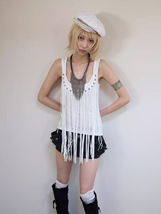 SOURSWING Metal Rivet Fringe Vest Top