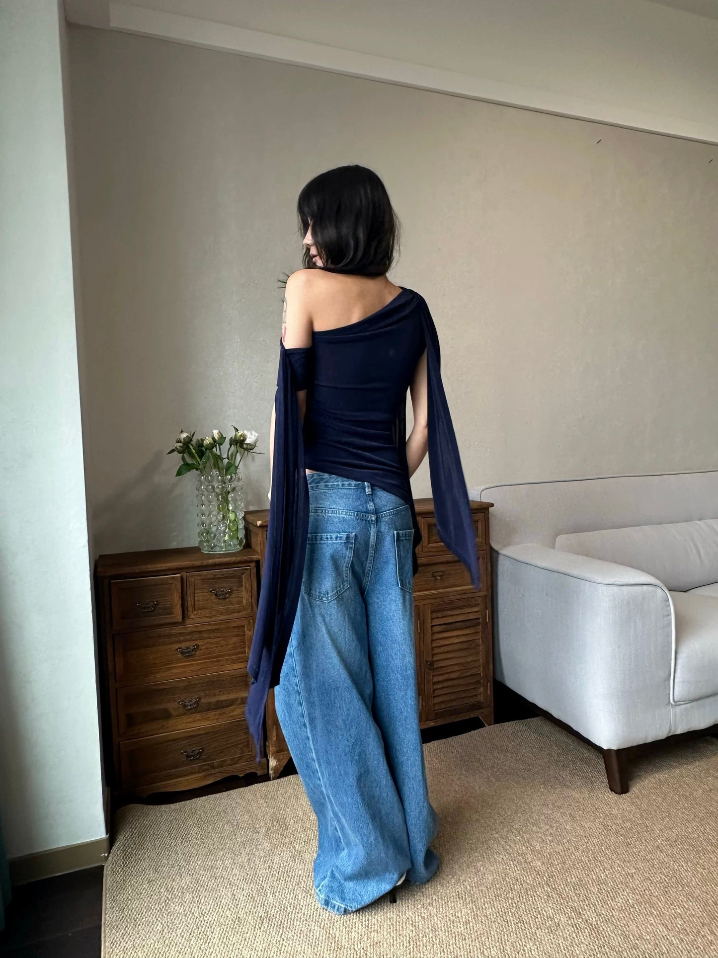 Draped Asymmetric Navy Top