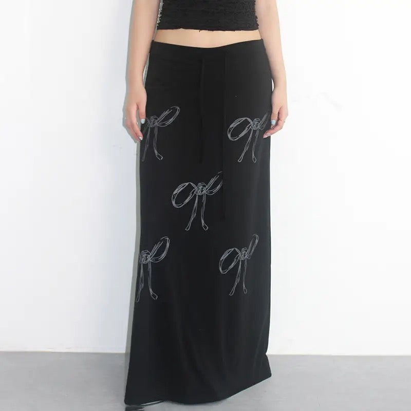 Low Rise Maxi Skirt With Bow Print