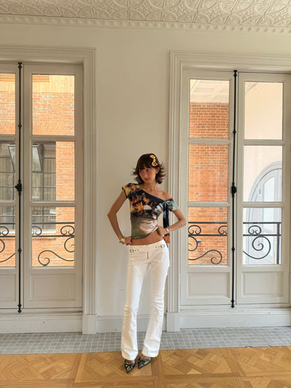 Andivogles Low Waisted Vintage Style White Bootcut Trousers