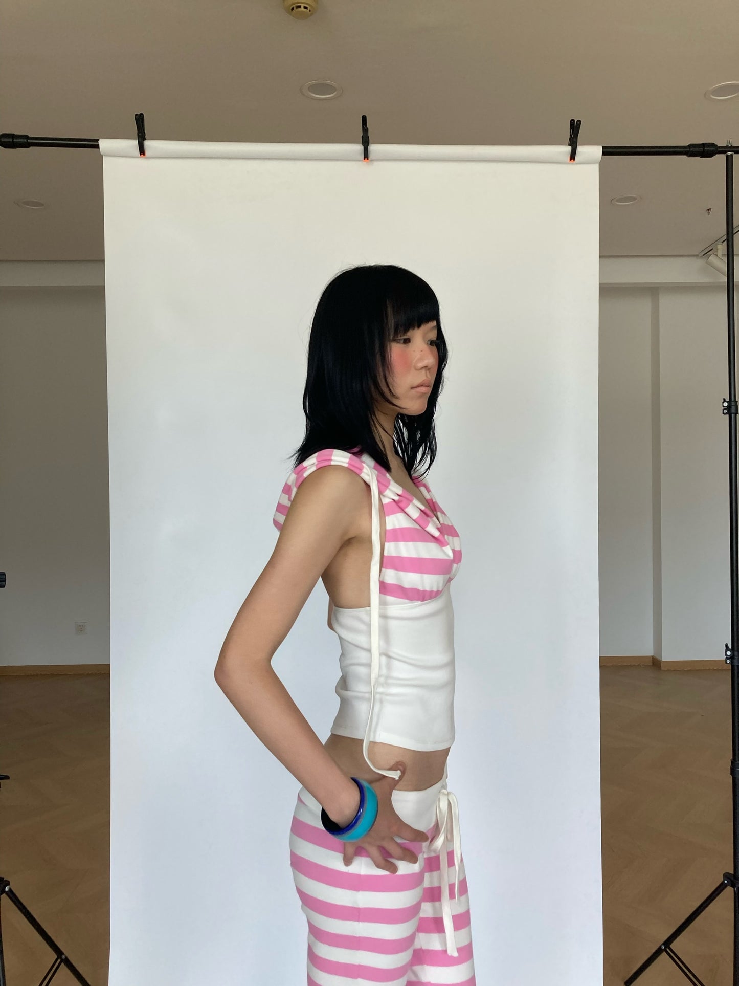 WildFLO Y2K Pink Striped Hooded Backless Halter Top
