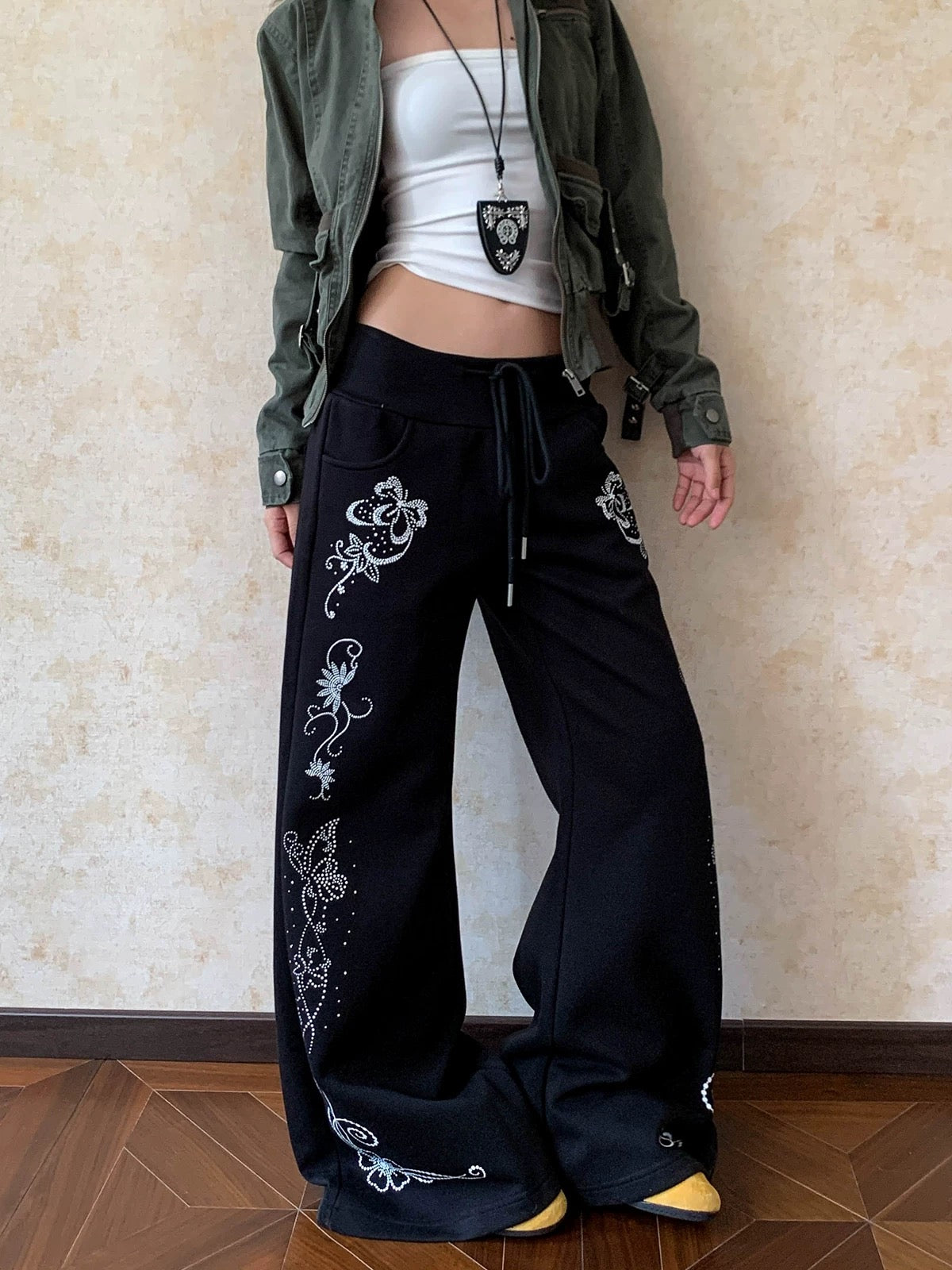 Embellished Wide-Leg Jogger Pants
