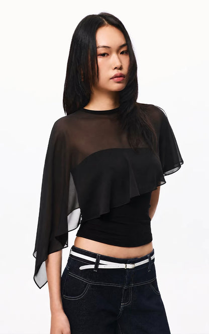 Asymmetric Sheer Draped Overlay Top