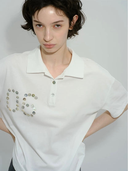 Solveig Shell Button Decorated Polo Short-Sleeved T-shirt