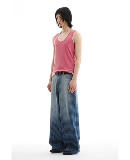 Checkered Washed Wide Leg Jeans