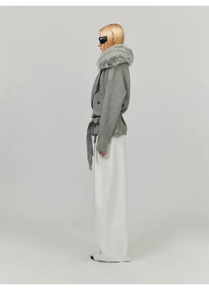 0122stepll Fur Collar Belted Ribbed Knit Wrap Cardigan