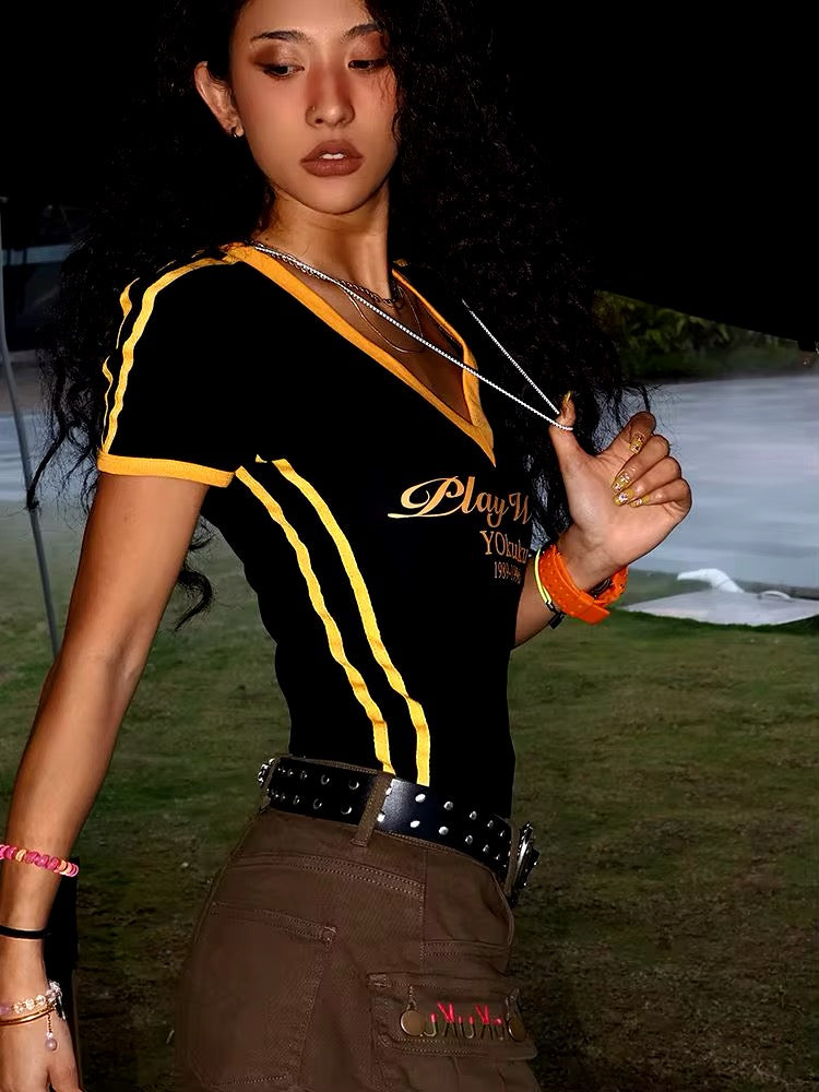 Black & Yellow V Neck Sports Jersey Top