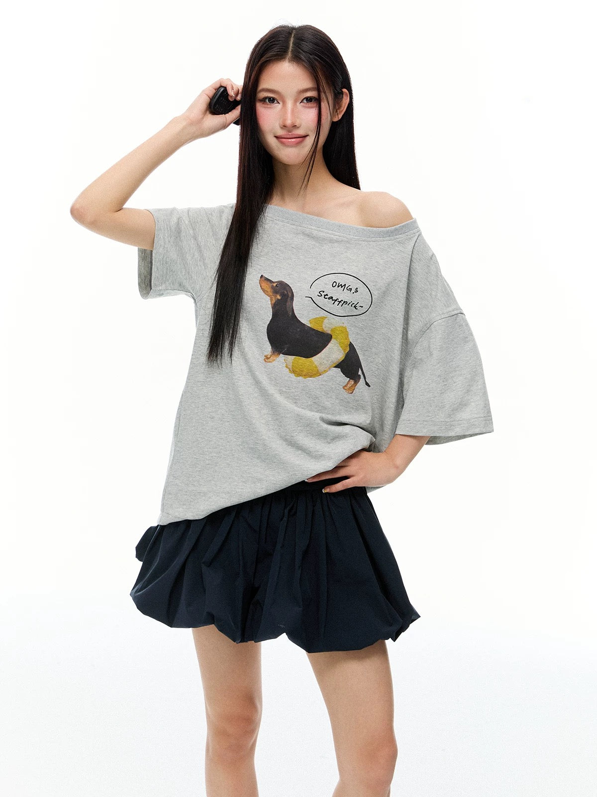 Slouchy Dog Print Off-Shoulder Tee