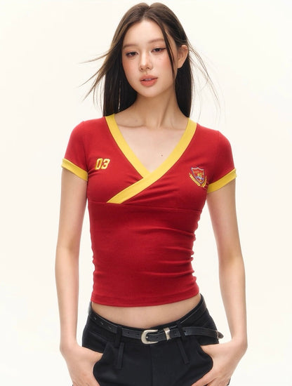 V Neck Sporty Style Top in Red