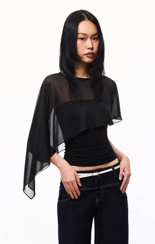 Asymmetric Sheer Draped Overlay Top
