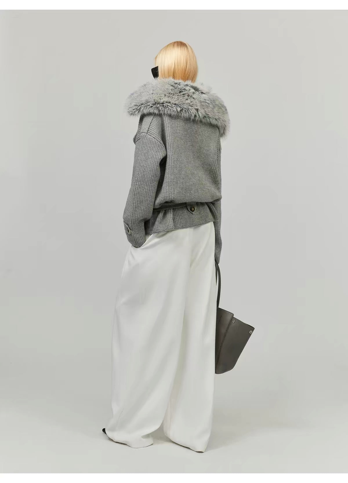 0122stepll Fur Collar Belted Ribbed Knit Wrap Cardigan