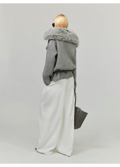 0122stepll Fur Collar Belted Ribbed Knit Wrap Cardigan