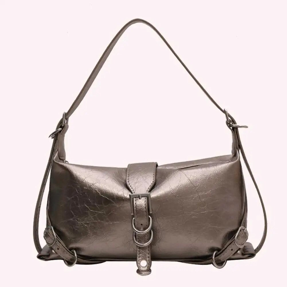 Faux Leather Shoulder Bag With Decorative Metal