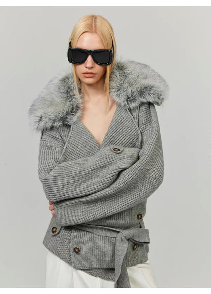 0122stepll Fur Collar Belted Ribbed Knit Wrap Cardigan
