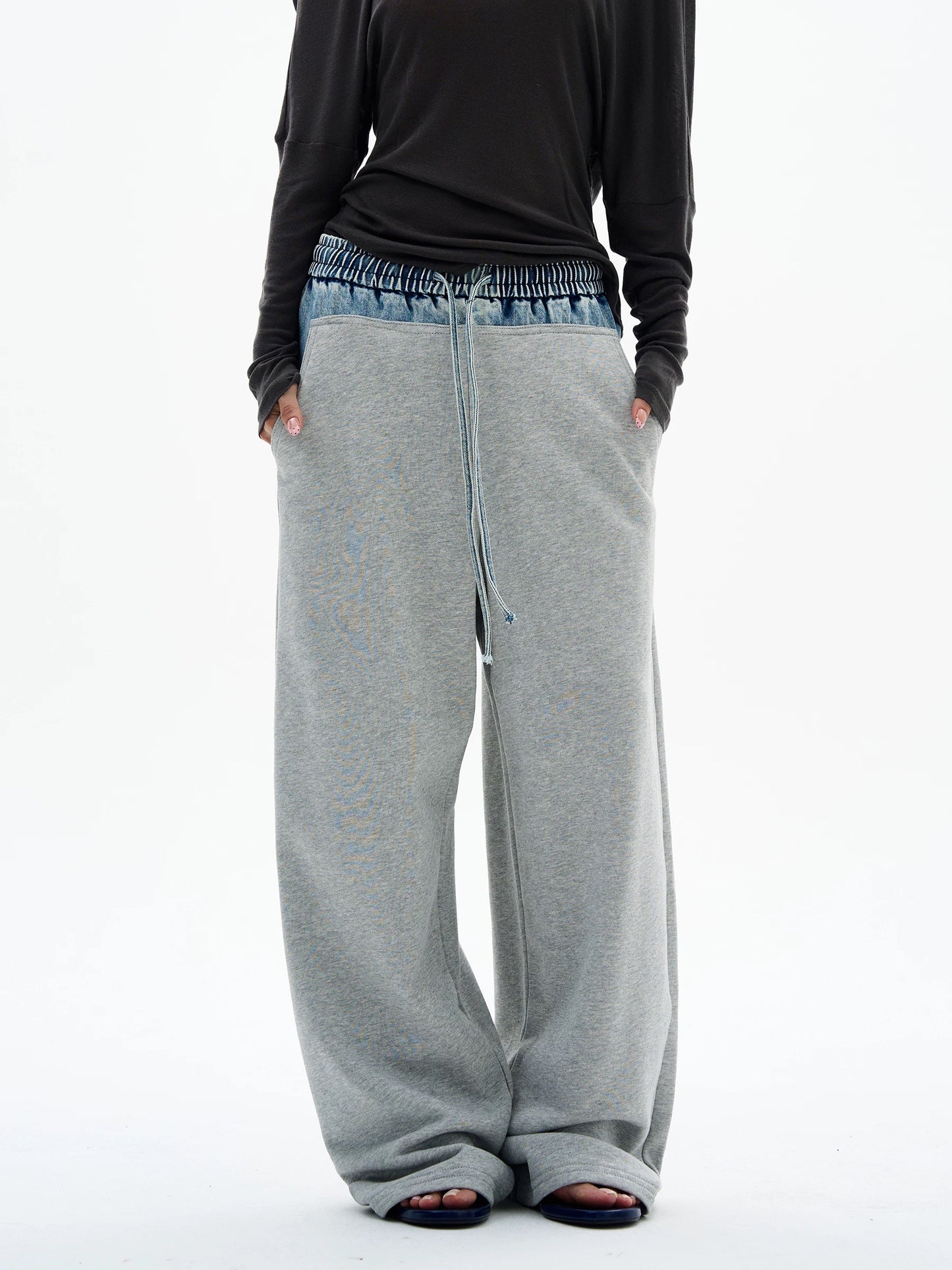 Denim Waistband Wide-Leg Joggers