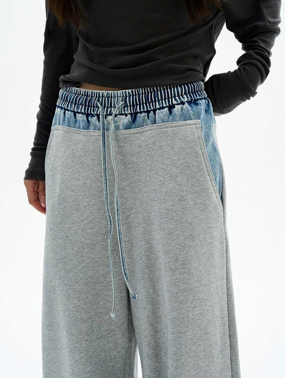 Denim Waistband Wide-Leg Joggers
